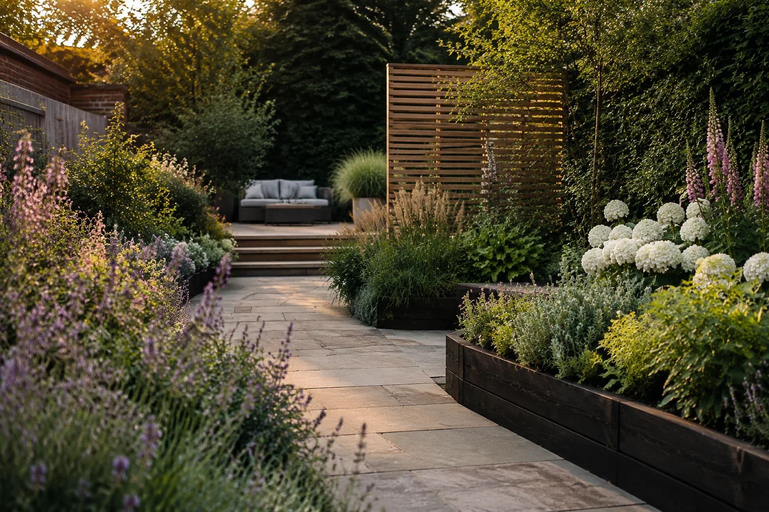 Illustrative generated image of a thoughtfully landscaped British garden